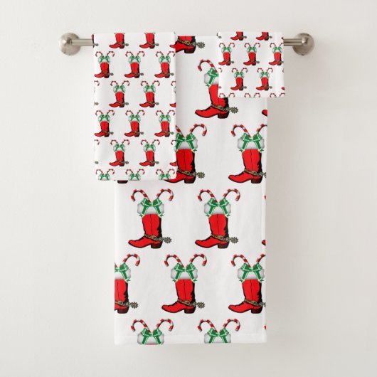 キャンディ・ケーンを使った西部のクリスマス・カウボーイ・ブーツ バスタオルセット (インサイチュ)