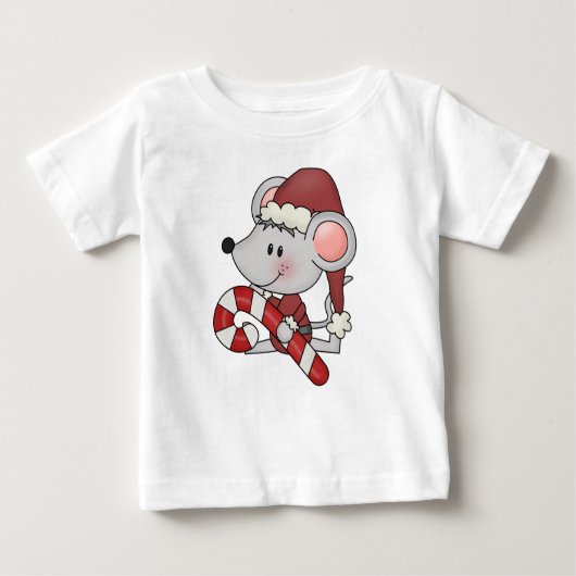 キャンディ・ケーンを持つクリスマスのマウス ベビーTシャツ (正面)