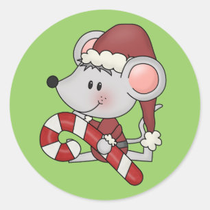 キャンディ・ケーンを持つクリスマスのマウス ラウンドシール