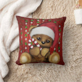 キャンディ・ケーンを持つサンタのテディー・ベア クッション (ブランケット)
