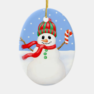 キャンディ・ケーンを持つ雪だるまのクリスマスのオーナメント セラミックオーナメント