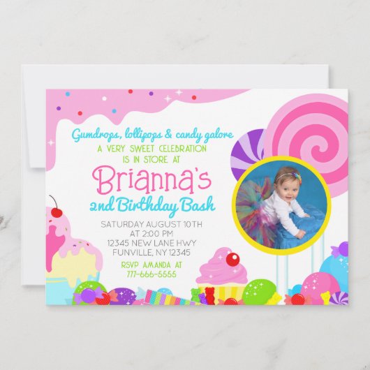 キャンディ・スウィートお祝いバースデーパーティーの写真 招待状 (正面)