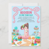 キャンディ・スウィート・ガールのキャンディーランド 1歳の誕生日 招待状 (正面)
