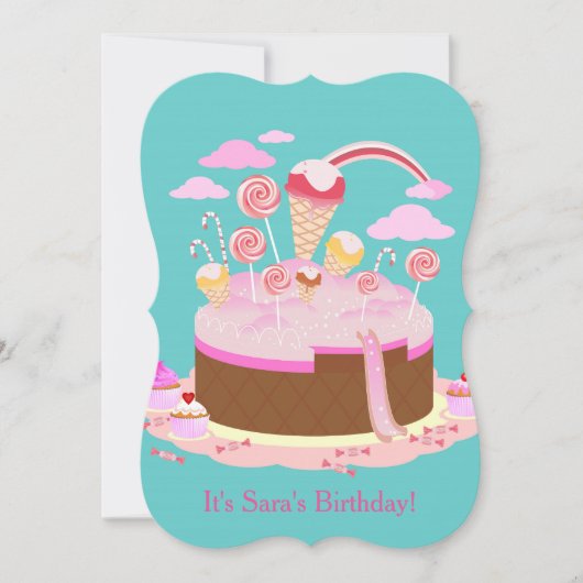 キャンディ&チョコレートケーキ誕生日パーティーの招待状 招待状 (正面)