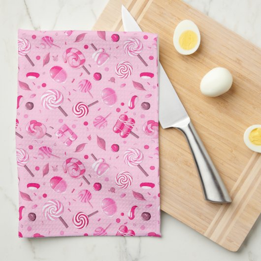 キャンディ、棒つきキャンデー、青いバックとシームレスなパターン キッチンタオル (四つ折り)