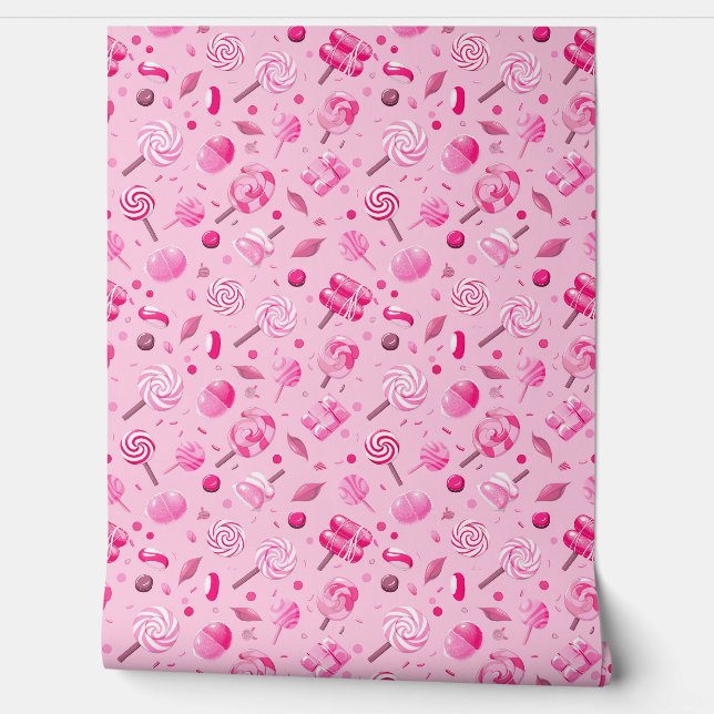 キャンディ、棒つきキャンデー、青いバックとシームレスなパターン 壁紙 (ほどく)