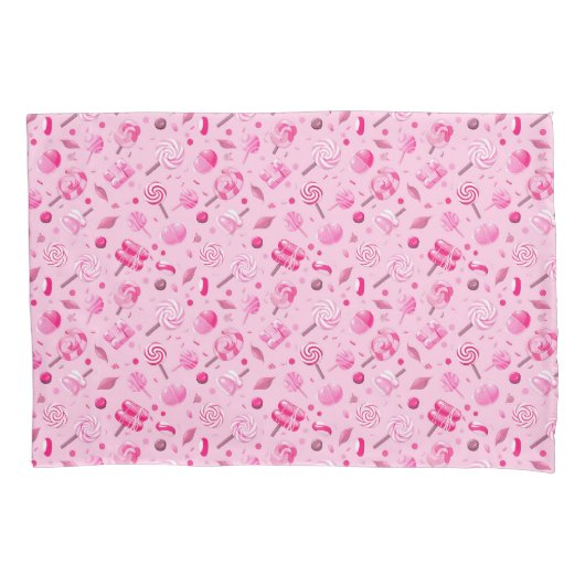 キャンディ、棒つきキャンデー、青いバックとシームレスなパターン 枕カバー (正面)