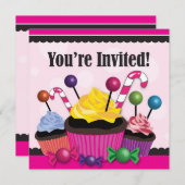 キャンデーおよびカップケーキの菓子のパーティの招待状 招待状 (正面/裏面)