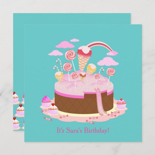 キャンデーおよびチョコレートケーキの誕生日のパーティの招待状 招待状 (正面/裏面)