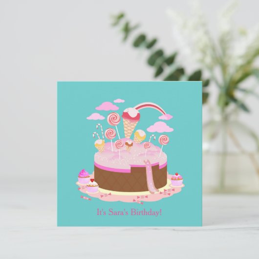 キャンデーおよびチョコレートケーキの誕生日のパーティの招待状 招待状 (スタンド正面)