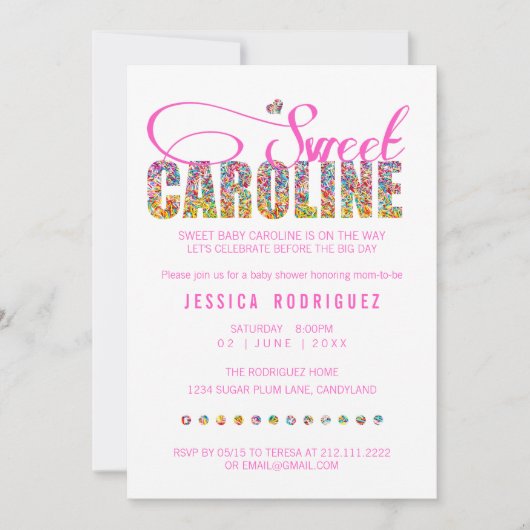 キャンデーのテーマの甘いキャロラインのベビーシャワーの招待状 招待状 (正面)