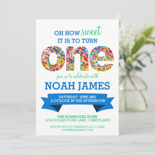 キャンデーのテーマの第1誕生会は青を振りかけます 招待状 (スタンド正面)