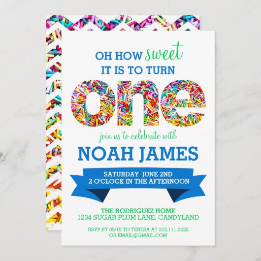 キャンデーのテーマの第1誕生会は青を振りかけます 招待状 (正面/裏面)