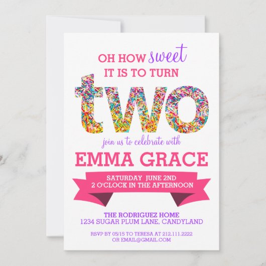 キャンデーのテーマの第2誕生会は招待を振りかけます 招待状 (正面)