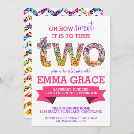 キャンデーのテーマの第2誕生会は招待を振りかけます 招待状 (正面/裏面)