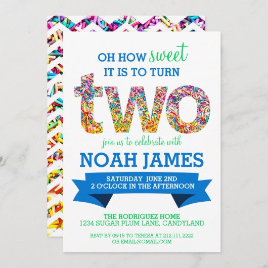 キャンデーのテーマの第2誕生会は青を振りかけます 招待状 (正面/裏面)