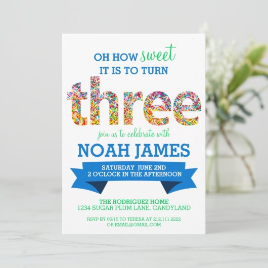 キャンデーのテーマの第3誕生会は青を振りかけます 招待状 (スタンド正面)