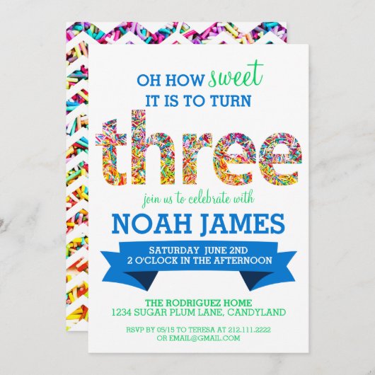 キャンデーのテーマの第3誕生会は青を振りかけます 招待状 (正面/裏面)