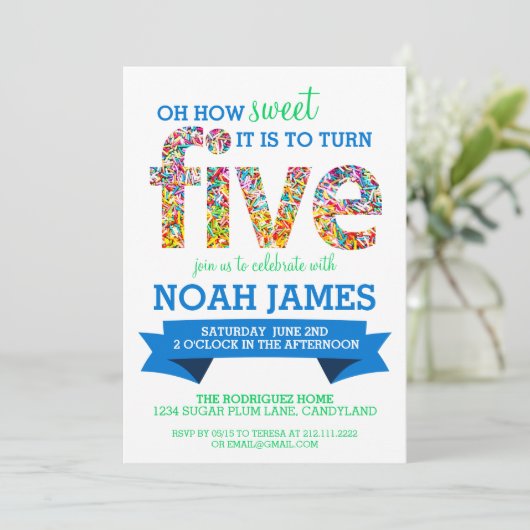 キャンデーのテーマの第5誕生会は青を振りかけます 招待状 (スタンド正面)