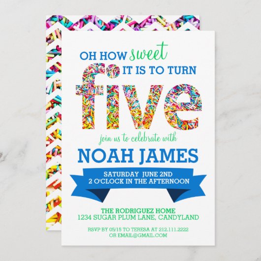 キャンデーのテーマの第5誕生会は青を振りかけます 招待状 (正面/裏面)