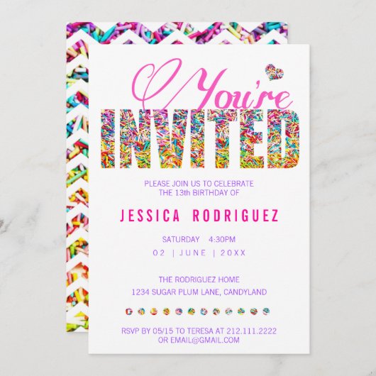 キャンデーのテーマは誕生日のパーティの招待状を振りかけます 招待状 (正面/裏面)