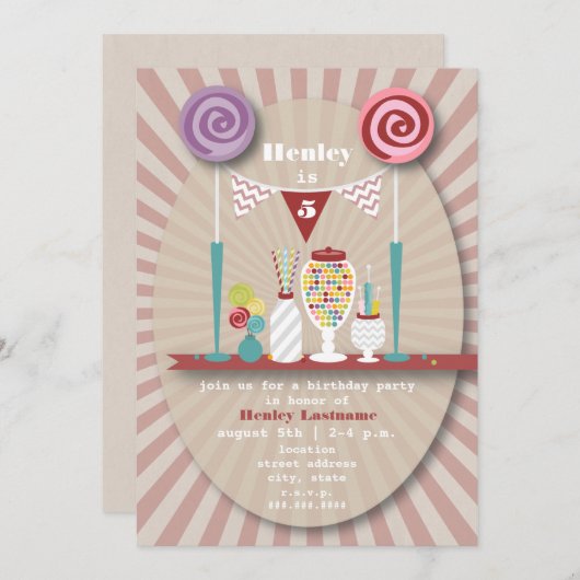 キャンデーのビュッフェの誕生日のパーティの招待状 招待状 (正面/裏面)