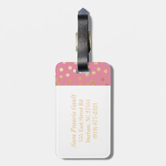キャンデーのピンクおよび金ゴールドのグリッター都市点のモノグラム ラゲッジタグ (裏面縦)