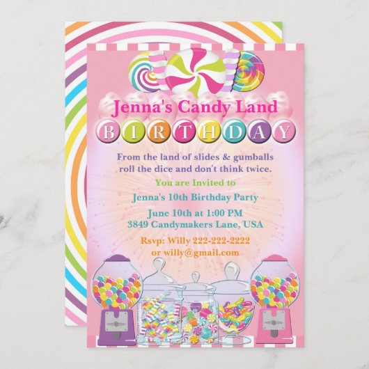 キャンデーの反対の土地のピンクの誕生日の招待状 招待状 (正面/裏面)