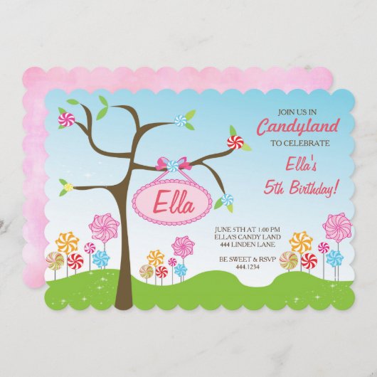 キャンデーの土地の甘い店のバースデーパーティ招待状 招待状 (正面/裏面)