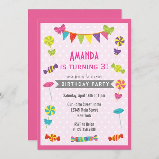 キャンデーの土地の誕生日の招待状のピンク 招待状 (正面/裏面)