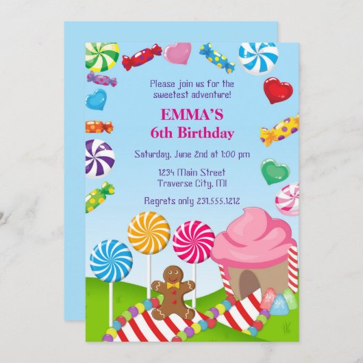 キャンデーの土地の誕生日の招待状 招待状 (正面/裏面)