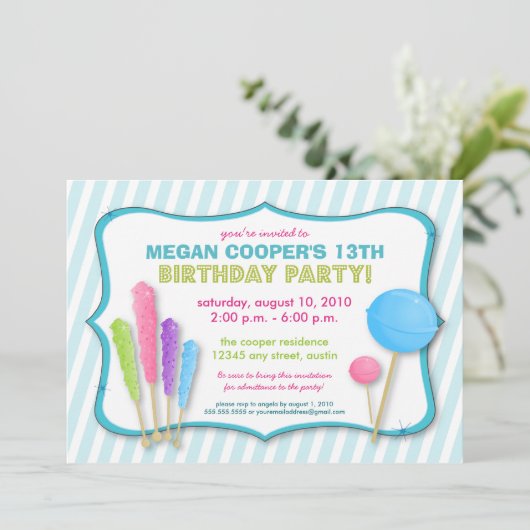 キャンデーの専門店の誕生日のパーティの招待状(青い) 招待状 (スタンド正面)