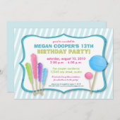 キャンデーの専門店の誕生日のパーティの招待状(青い) 招待状 (正面/裏面)