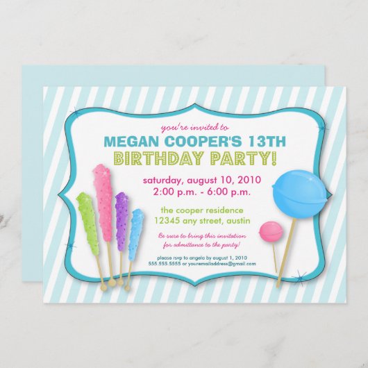 キャンデーの専門店の誕生日のパーティの招待状(青い) 招待状 (正面/裏面)