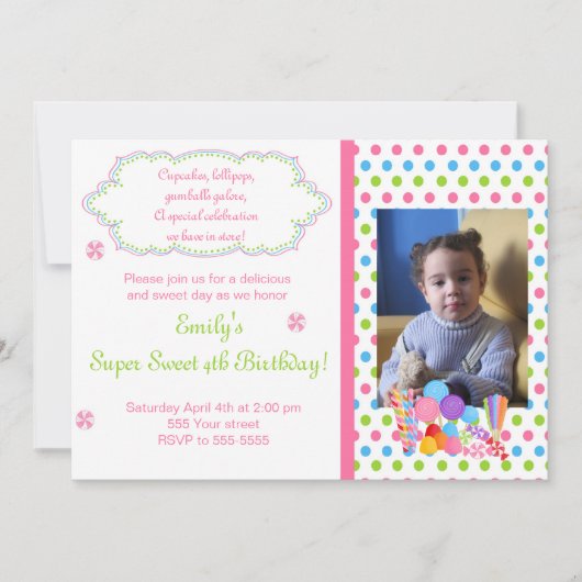 キャンデーの棒つきキャンデーの甘い誕生日の写真の招待状 招待状 (正面)