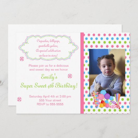 キャンデーの棒つきキャンデーの甘い誕生日の写真の招待状 招待状 (正面/裏面)