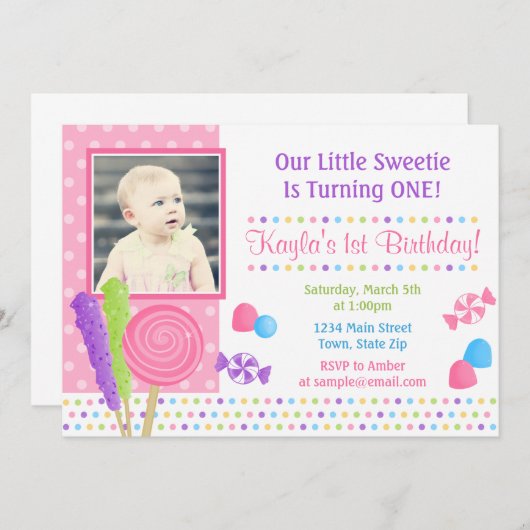 キャンデーの誕生日の招待状5x7の写真カード 招待状 (正面/裏面)