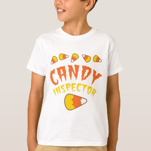 キャンデートウモロコシとのキャンデーの検査官のハロウィンのデザイン Tシャツ