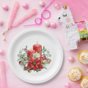 キャンドルかわいらしとポインセチア花束クリスマス ペーパープレート