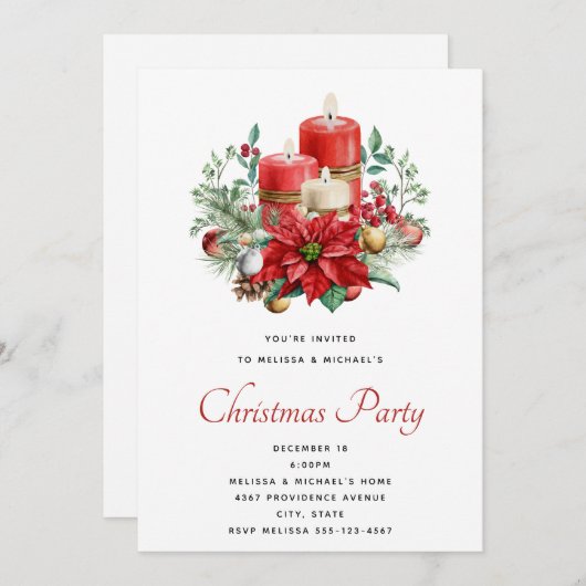 キャンドルかわいらしとポインセチア花束クリスマス 招待状 (正面/裏面)