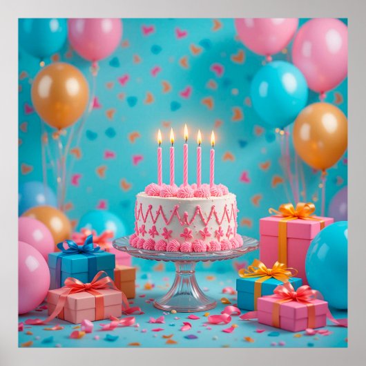 キャンドルが灯ったケーキでお誕生日をお祝い ポスター (正面)