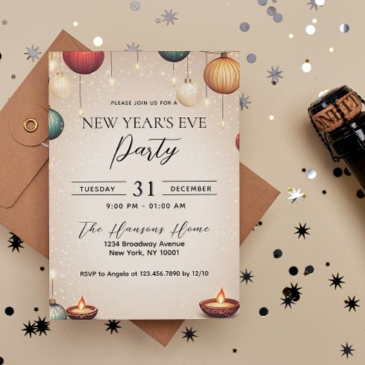 キャンドルとオーナメントベージュ大晦日パーティー 招待状