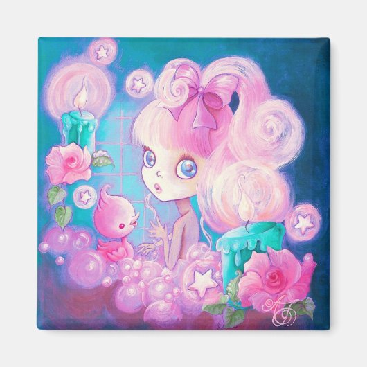 キャンドルとバラとバブルバスの女の子 マグネット (正面)