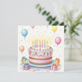 キャンドルとバルーン付き水彩お誕生日ケーキ カード (スタンド正面)