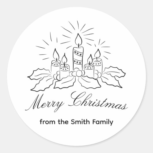 キャンドルとホリースクリプトクリスマスステッカー ラウンドシール (正面)