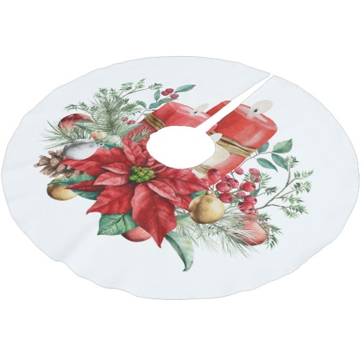 キャンドルとポインセチア花束クリスマス ブラッシュドポリエステルツリースカート (アングル)