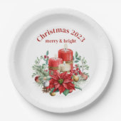 キャンドルとポインセチア花束クリスマス ペーパープレート (正面)