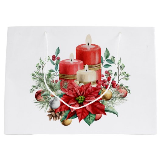 キャンドルとポインセチア花束クリスマス ラージペーパーバッグ (正面)