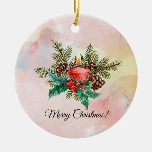 キャンドルとヤドリギの水彩画 セラミックオーナメント (正面)