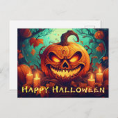 キャンドルの中で怖い顔とカボチャ,ハロウィーン シーズンポストカード (正面/裏面)
